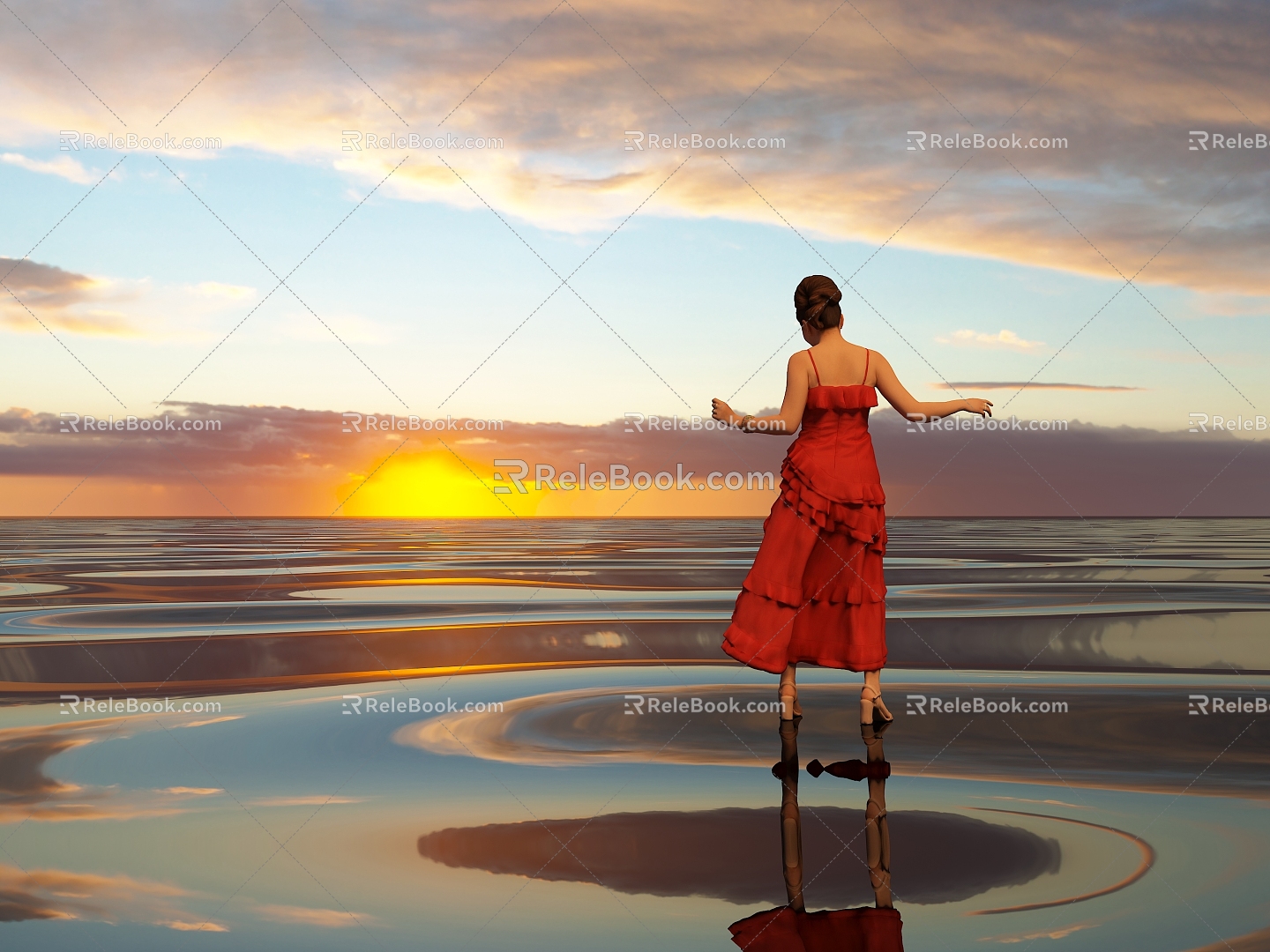 Woman Red Clothes Woman Figure Dancing Dancer Sea Surface Outdoor Sky Water Surface Man HDR 3d model