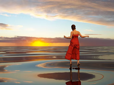 Woman in red dress standing on beach enjoying sunset with water reflection and cloudy sky 3d model