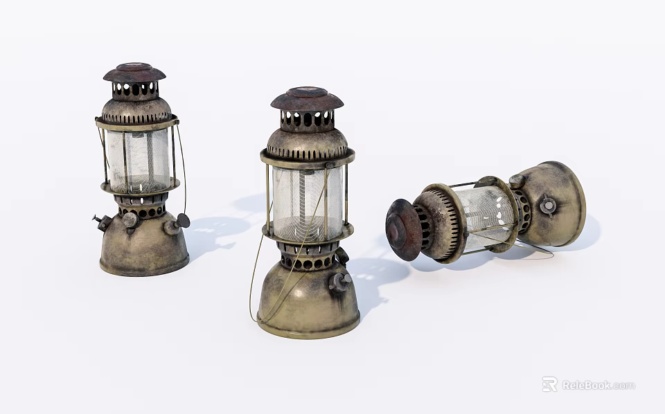 Vintage Antique Oil Lamps with Metal Frames and Glass Shades in Different Positions 3d model 