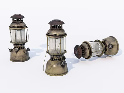 Vintage Antique Oil Lamps with Metal Frames and Glass Shades in Different Positions 3d model