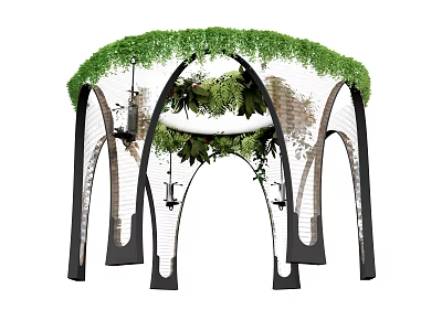 Lush Green Flower Arch With Hanging Vine Plants And Black Metal Frame 3d model