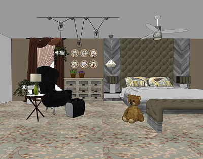 Modern Background Double Bed Creator Bed Sheet Chair Chandelier Side Cabinet Combination 3d model