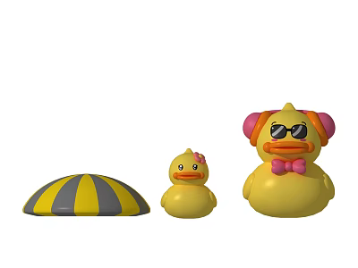 Cute Duck Dolls With Big Sunglasses Pink Ears Bow Tie Small Flower And Striped Umbrella 3d model