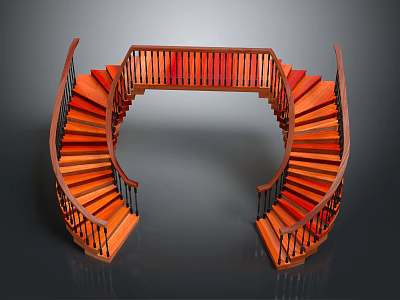 Curved Wooden Staircase With Red Steps And Black Railings Interior Design 3d model