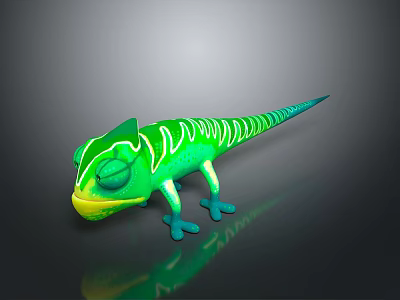 Vibrant 3D Green Chameleon Sculpture With Yellow Blue Accents Smooth Texture And Reflection 3d model