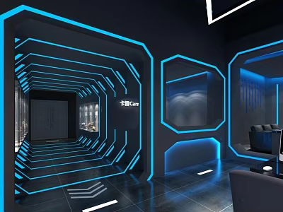 Modern Cybercafe Interior With Blue Neon Lights Black Background Geometric Corridor And Illuminated Futuristic Walls 3d model