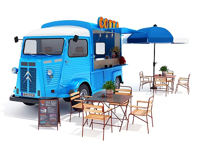 Blue Mobile Food Truck With Coffi Sign Tables Chairs And Blue Umbrella 3d model