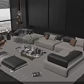 Elegant Modern Sofa Coffee Table Set With Neutral Tones Throw Pillows And City View 3d model