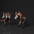 3D Rendered Multiple Headed Reptile Wolf Like Body Gold Black Standing Dark Background