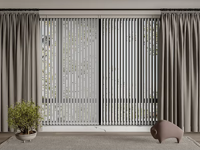 Gray Curtains In Modern Interior With Slatted Window Panels And Green Plant 3d model