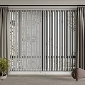 Gray Curtains In Modern Interior With Slatted Window Panels And Green Plant