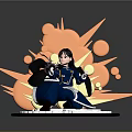 Action Pose Character In Blue Outfit With Black Hair And Orange Explosion Effects