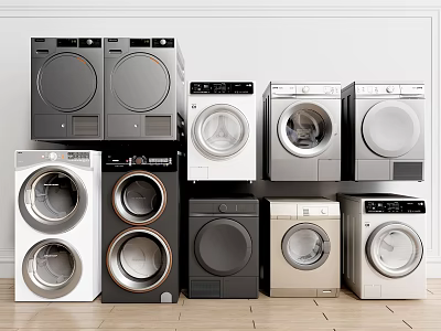 Different Design Washing Machines In Black White And Silver With Round Front Doors 3d model