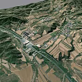 Aerial View Of Rural Mountainous Landscape With River Road And Farmland