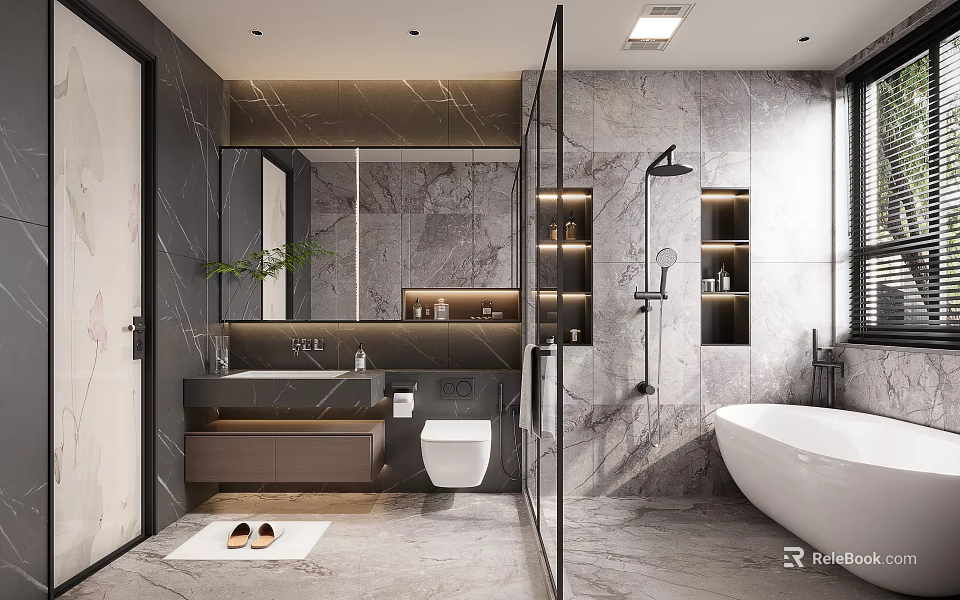 Modern Bathroom With Marble Walls Bathtub Shower Vanity And Mirror Lighting 3d model 
