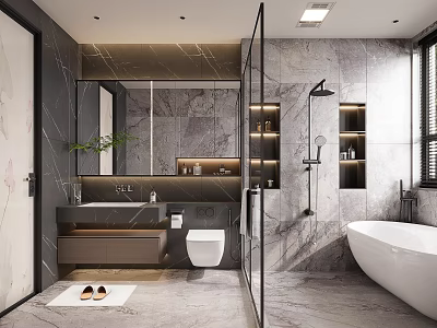 Modern Bathroom With Marble Walls Bathtub Shower Vanity And Mirror Lighting 3d model