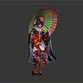 Woman in Vibrant Traditional Outfit Holding Colorful Umbrella with Sequined Details Against Gray Background