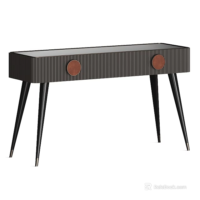 Modern Black Desk With Ribbed Surface And Round Wooden Accents On Tapered Legs 3d model 