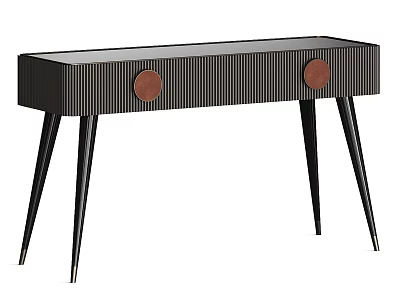 Modern Black Desk With Ribbed Surface And Round Wooden Accents On Tapered Legs 3d model