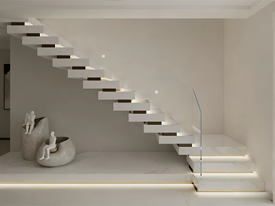 Modern White Staircase With Glass Railing Illuminated Steps And Sculptures In Minimalist Interior 3d model