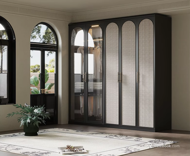 Modern Black Wardrobe Cabinet With Glass Doors And Rattan Weave Panels Interior Design 3d model 
