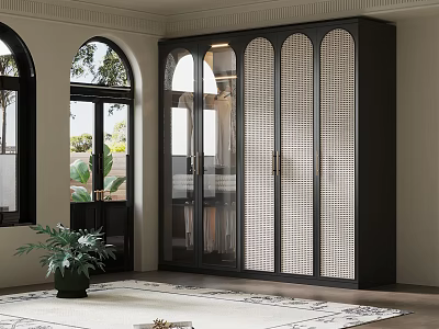 Modern Black Wardrobe Cabinet With Glass Doors And Rattan Weave Panels Interior Design 3d model