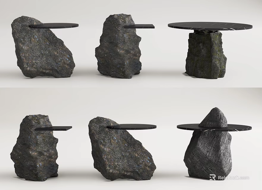 Natural Stone Side Tables With Black Tabletop And Unique Rustic Designs 3d model