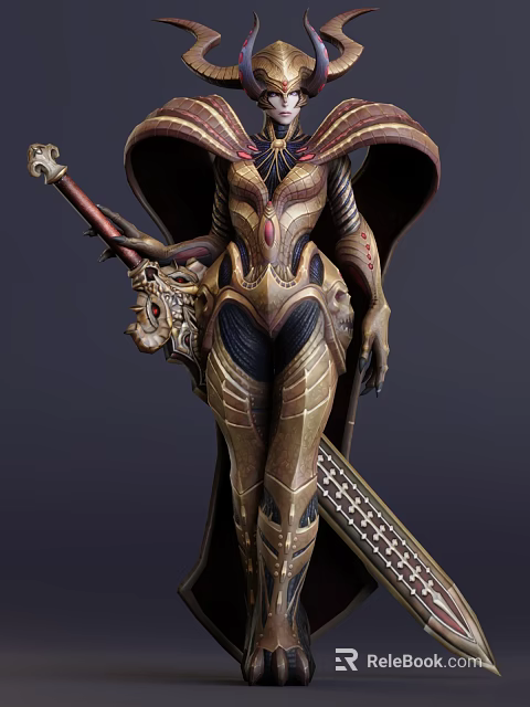 Fantasy Game Movie Character In Intricate Golden Black Armor With Red Accents Wings And Sword 3d model 