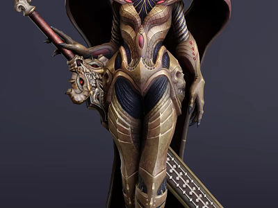 Fantasy Game Movie Character In Intricate Golden Black Armor With Red Accents Wings And Sword 3d model