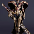 Fantasy Game Movie Character In Intricate Golden Black Armor With Red Accents Wings And Sword