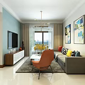 Modern Dining and Living Room Interior With Dining Table Chairs Hanging Lights Wall Art Sofa