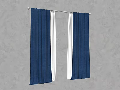 Navy Blue Curtains With White Sheer Panels On Silver Rod Against Gray Wall 3d model