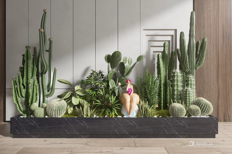 Indoor Garden Decor with Various Cacti Succulents and Small Pink Figure on Black Marble Countertop 3d model 