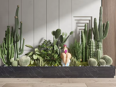 Indoor Garden Decor with Various Cacti Succulents and Small Pink Figure on Black Marble Countertop 3d model