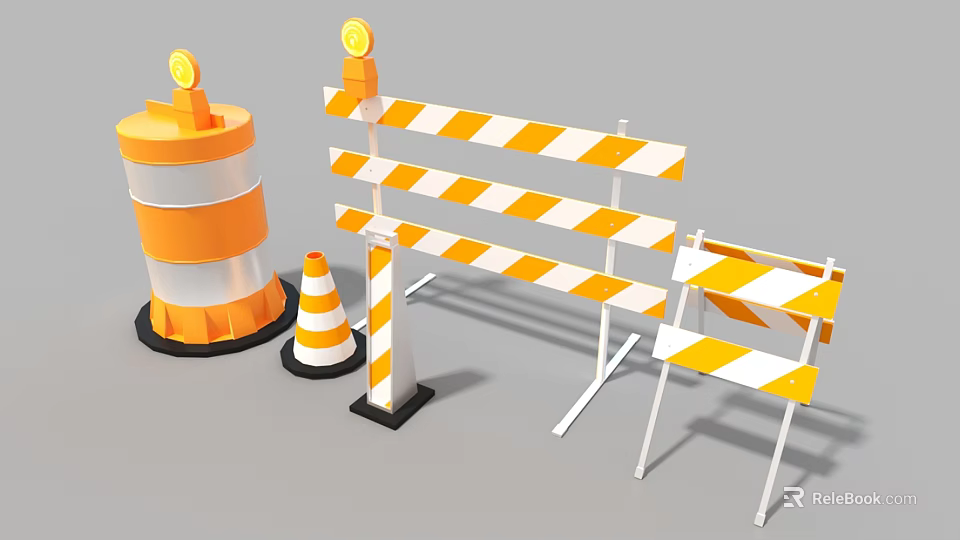 Orange And White Striped Road Safety Traffic Barriers With Cones Reflective Drums And Warning Lights 3d model 