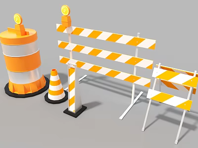 Orange And White Striped Road Safety Traffic Barriers With Cones Reflective Drums And Warning Lights 3d model