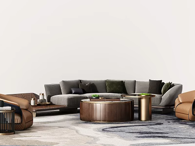 Modern Gray Sofa And Round Wooden Coffee Table Set With Throw Pillows And Armchairs 3d model