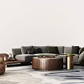 Modern Gray Sofa And Round Wooden Coffee Table Set With Throw Pillows And Armchairs