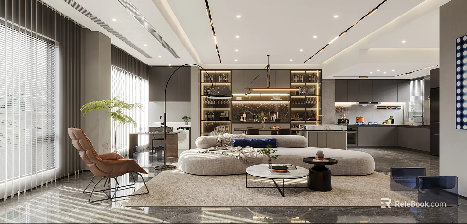 Elegant Modern Living Dining Room Interior With Open Layout Sofa Coffee Table And Lighting 3d model