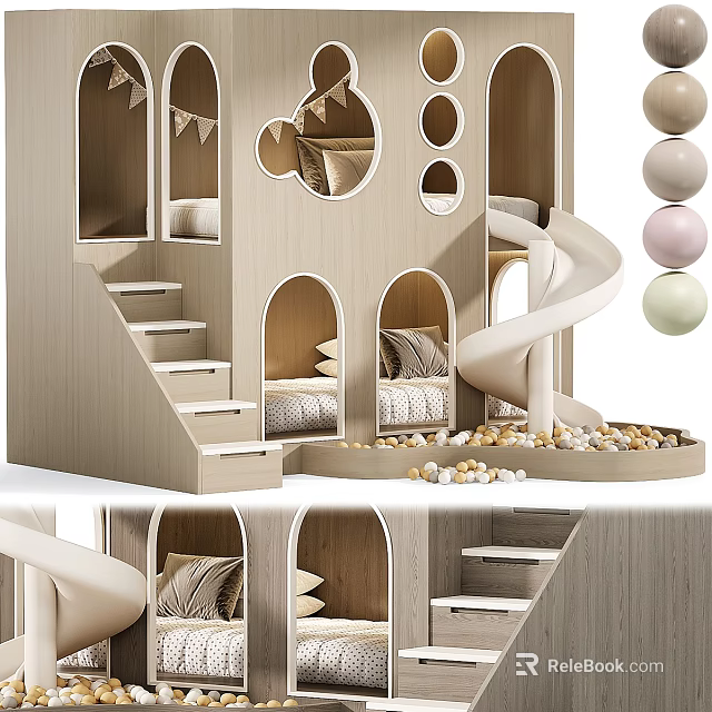 Wooden Play Equipment with Slide Stairs Arched Openings Soft Pillows and Colorful Balls 3d model 