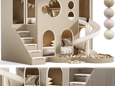 Wooden Play Equipment with Slide Stairs Arched Openings Soft Pillows and Colorful Balls 3d model