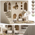 Wooden Play Equipment with Slide Stairs Arched Openings Soft Pillows and Colorful Balls