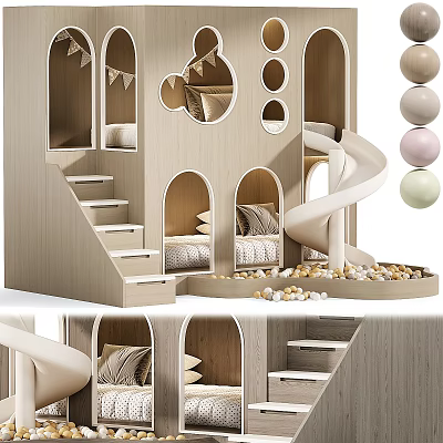 Wooden Play Equipment with Slide Stairs Arched Openings Soft Pillows and Colorful Balls 3d model