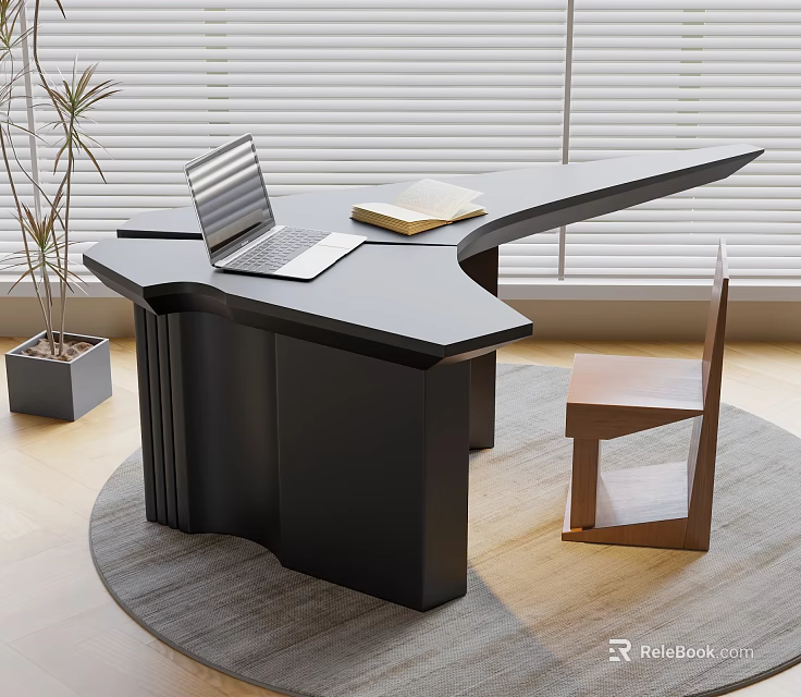Modern Black Irregular Desk With Wooden Chair Laptop Book And Window Blinds In Interior 3d model 