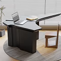 Modern Black Irregular Desk With Wooden Chair Laptop Book And Window Blinds In Interior