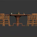 Hexagonal Game Table With Green Felt Top And Playing Cards Surrounded By Wooden Chairs
