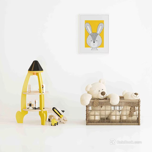 White Teddy Bear Dolls In Wicker Basket With Yellow Rocket Shelf And Rabbit Painting 3d model 