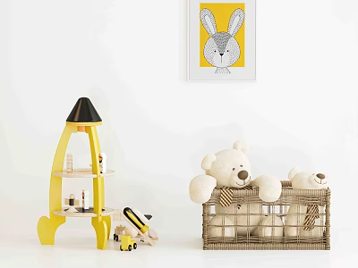 White Teddy Bear Dolls In Wicker Basket With Yellow Rocket Shelf And Rabbit Painting 3d model