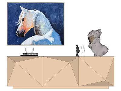 Animal Painting of White Horse in Interior Scene with Cabinet and Sculptures on 3d model