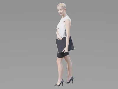 Professional Woman In White Sleeveless Top And Black Skirt Holding Black Folder On Gray Background 3d model